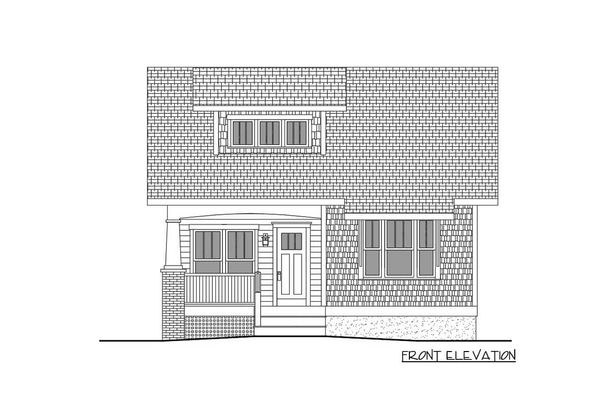 Front elevation drawing of a two-story house plan with a covered porch, dormer window, and varied siding textures.