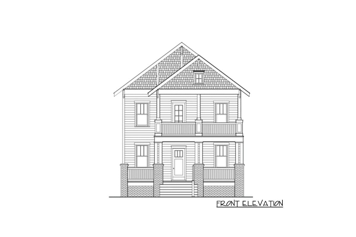 Front elevation of a two-story house plan with double porches, gabled roof, and brick base.