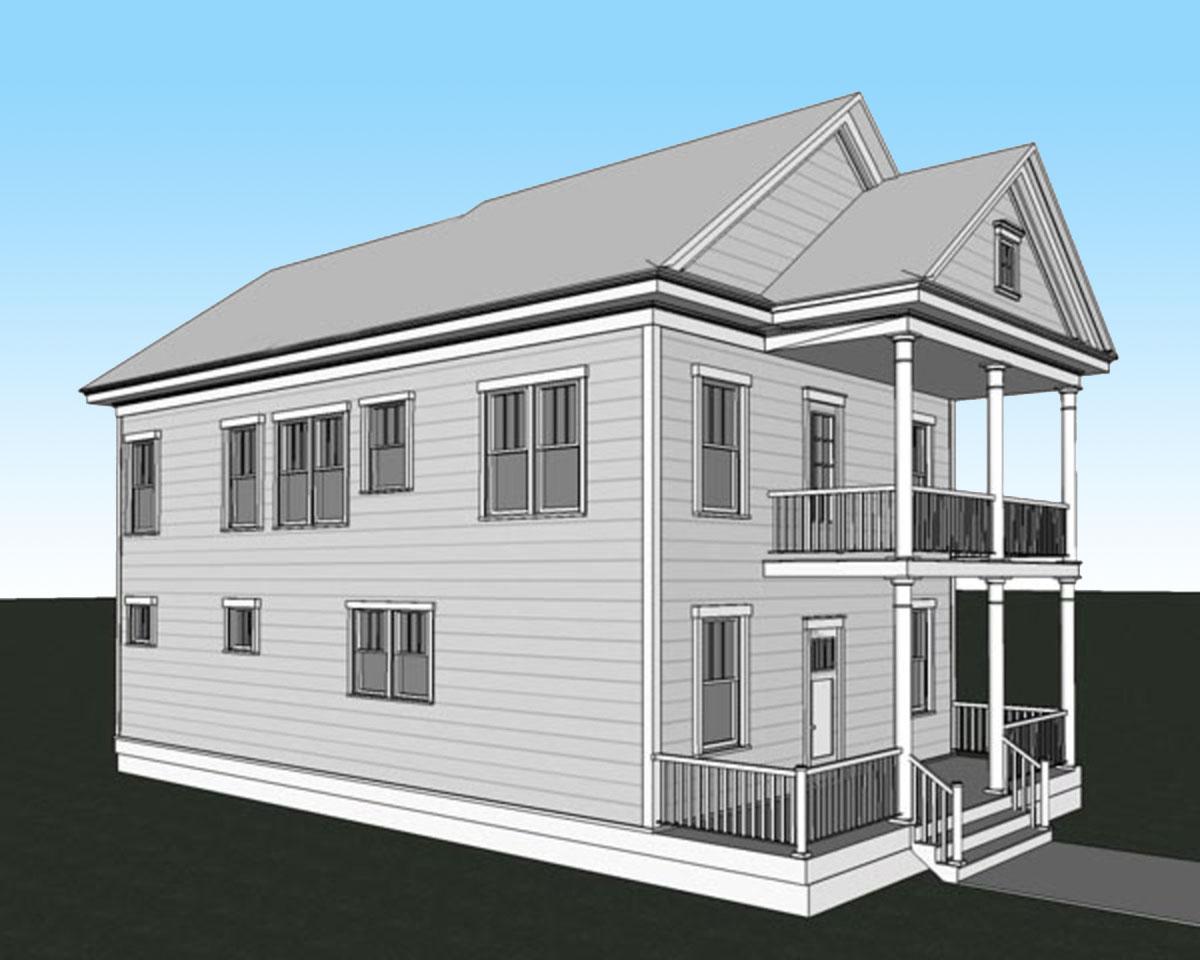 House plan exterior of two-story home with wrap-around porches on both levels, gabled roof, and multiple windows.