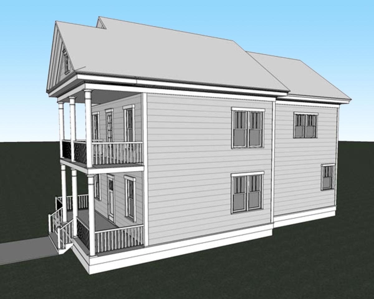 House plan exterior of a two-story home with a double-decker front porch, gabled roof, and double-hung windows.