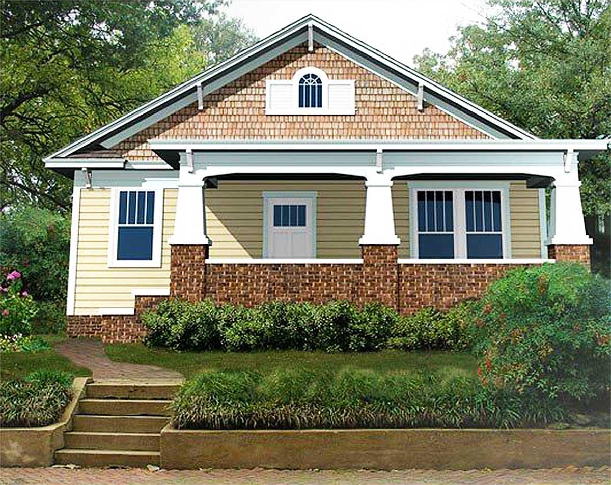 House plan exterior featuring Craftsman style, single story, a covered porch with columns, a gable roof, and brick facade.