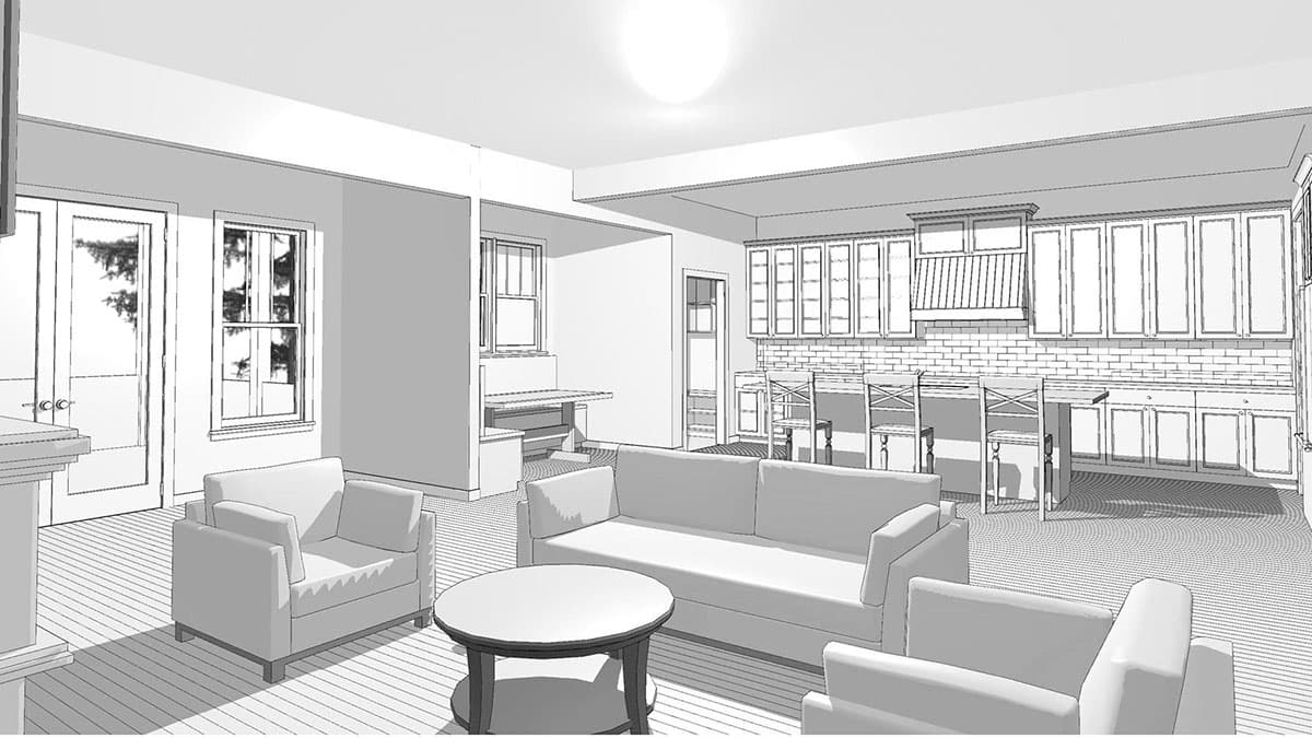 Open concept living area with fireplace, dining nook, and kitchen featuring a large island and ample cabinetry.