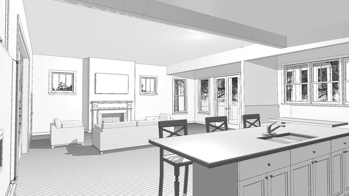 Interior rendering of an open-concept living area with a fireplace, large island with sink, and French doors.