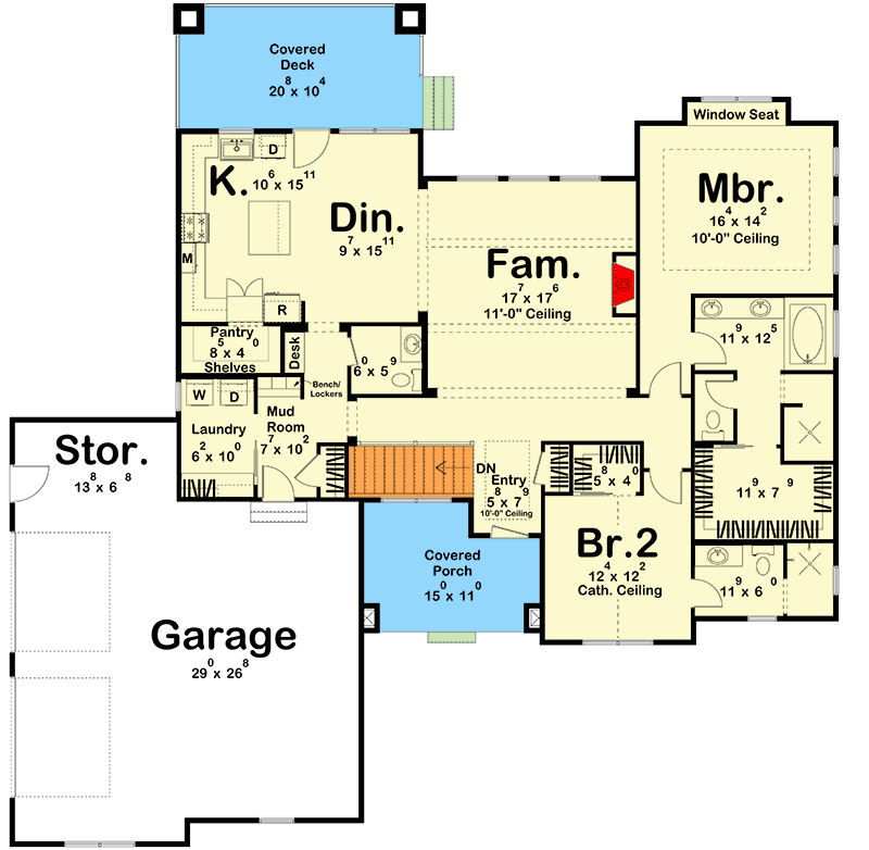 Plan 62662DJ: 2-Bed Ranch with Central Family Room and Large Walk-In Pantry - 1996 Sq Ft - Floor Plan - Main Level - Ranch, Traditional