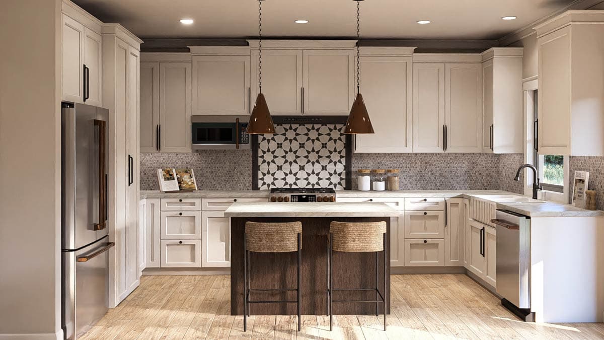 Kitchen with white cabinets, stainless steel appliances, a central island with two stools, and a patterned tile backsplash.