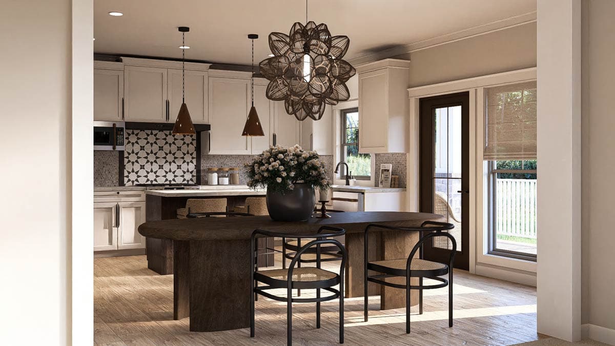 Kitchen with island, white cabinetry, patterned backsplash, and pendant lighting. Open to dining area with dark wood table.