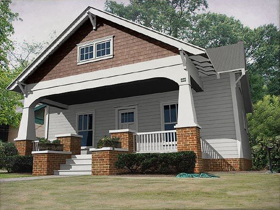 House plan exterior featuring a Craftsman style. One-story house with a front porch, gables, and decorative brackets. Brick and siding exterior.