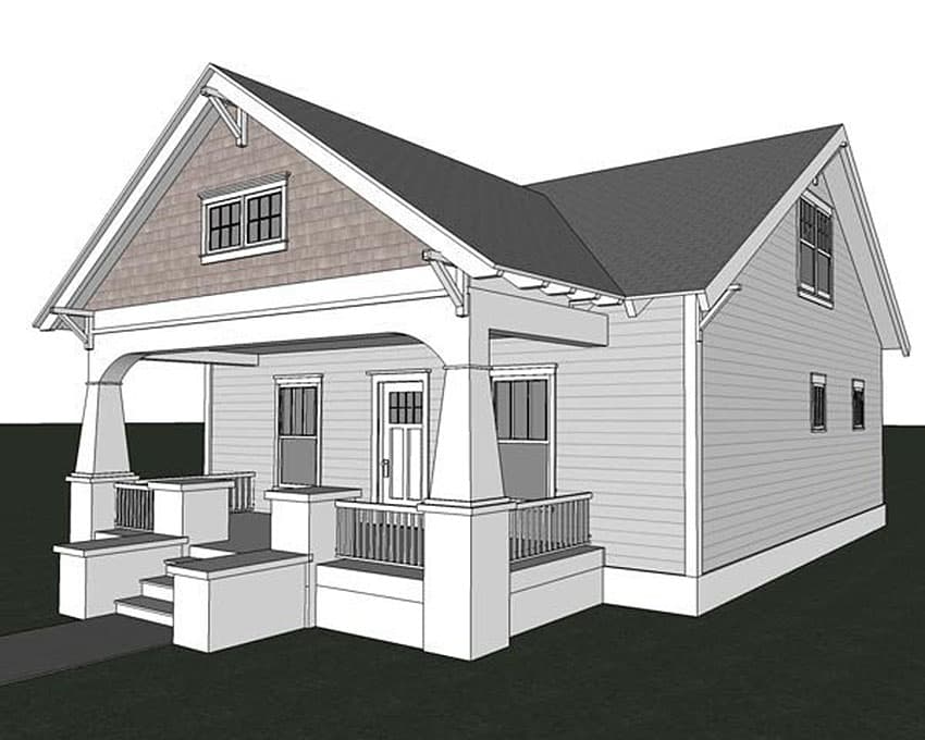 House plan exterior: Craftsman-style, one-story home with a prominent covered porch, gable dormer, and lap siding.
