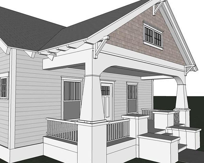 Craftsman style house plan exterior with a covered front porch, gables, and shaker siding.