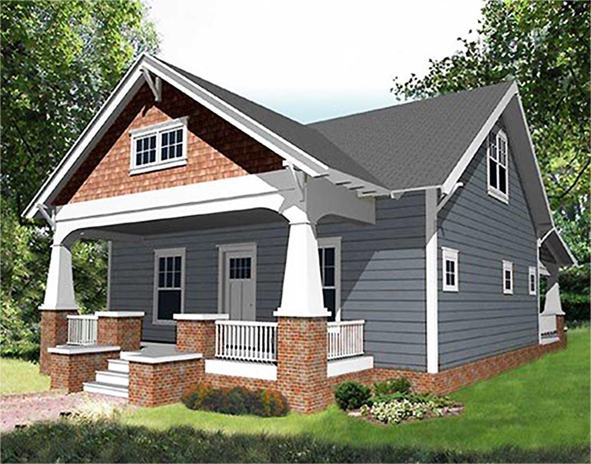 House plan exterior: Craftsman style, one story. Features include a front porch with columns, gables, and a prominent roofline with dormers.