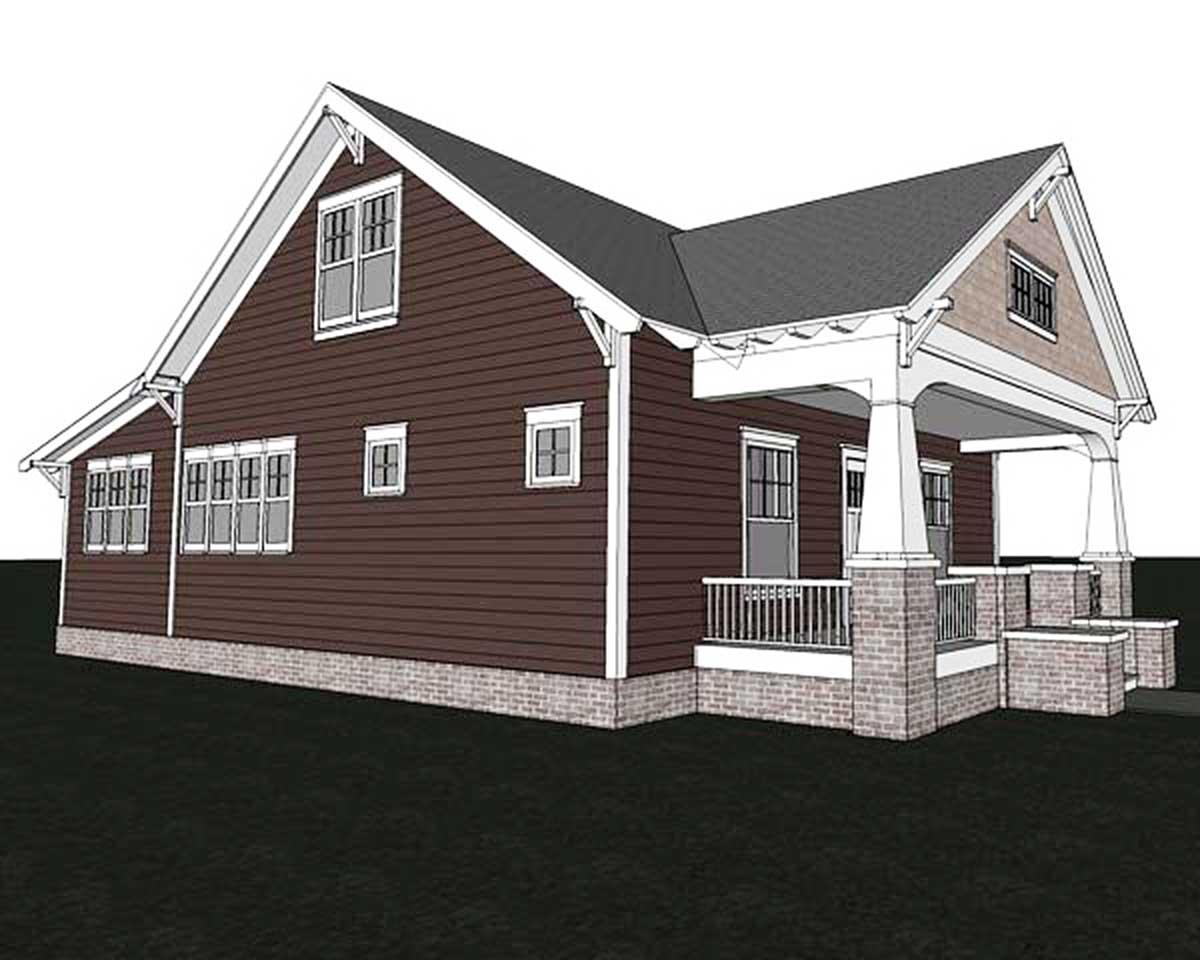 Craftsman style house plan exterior with front porch, brick base, multiple gables, and wide eaves.