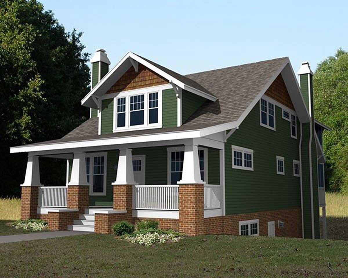 Craftsman-style house plan exterior. Features include a front porch with square columns, gabled roof, and brick foundation. Two stories.