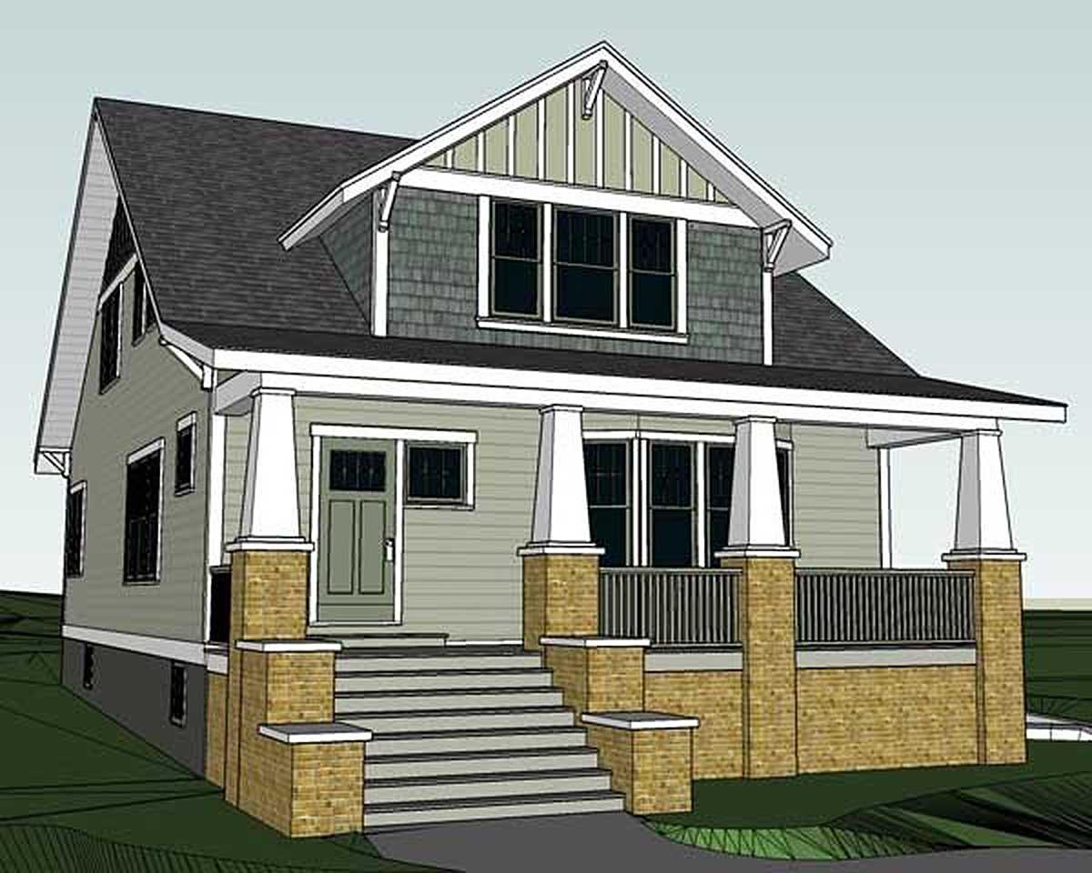 Craftsman style house plan exterior. Two stories with prominent front porch, brick accents, and multiple gables.