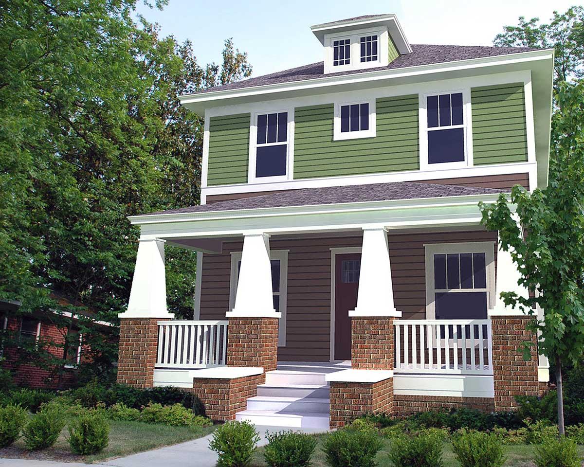 House plan exterior rendering. Two-story Craftsman home with a front porch, gabled roof, dormer, and horizontal siding. Features brick accents.