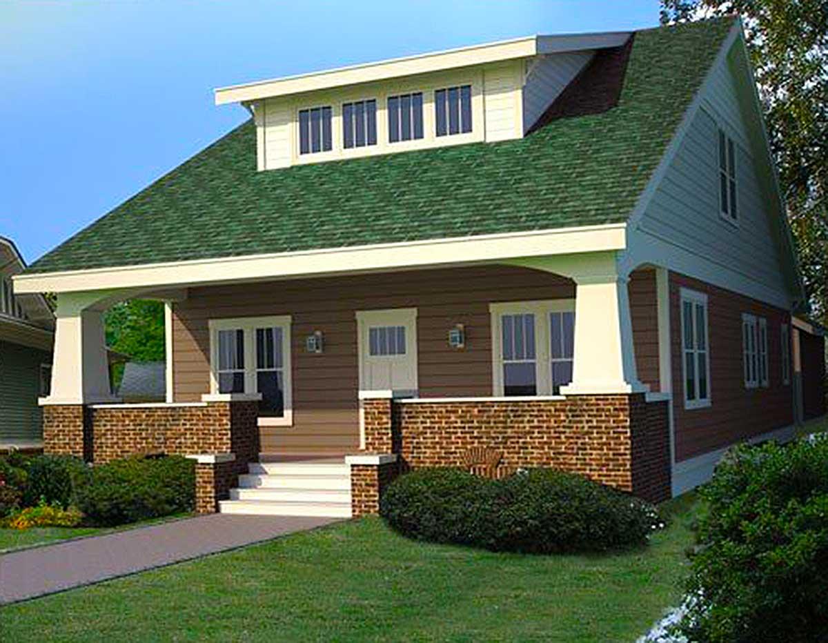 House plan exterior featuring a Craftsman style with a gabled roof, brickwork columns, and a front porch. Includes dormer windows.