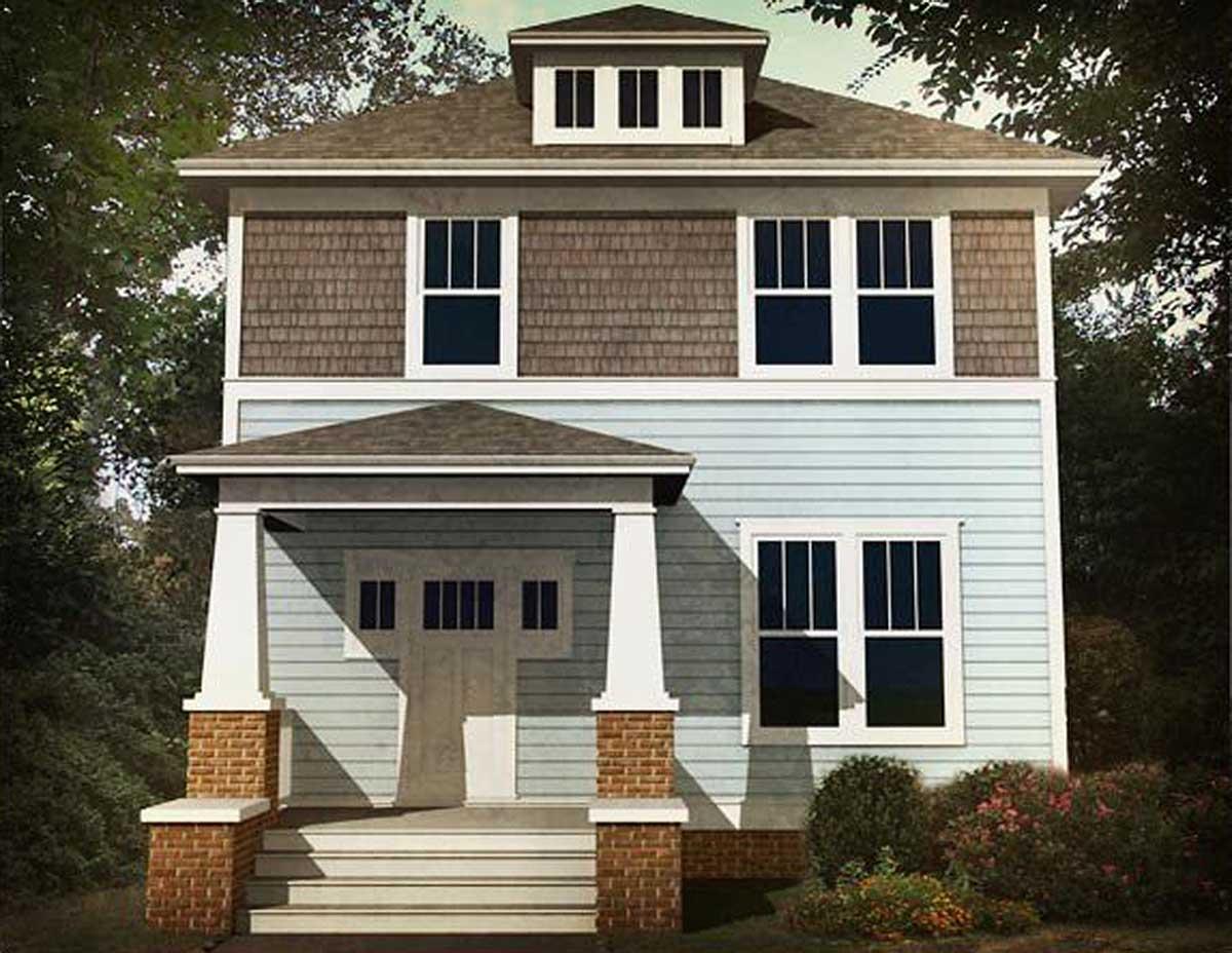 House plan exterior. Two-story Craftsman home with a front porch, gabled roof, and dormer. Features shingle siding on the second story.