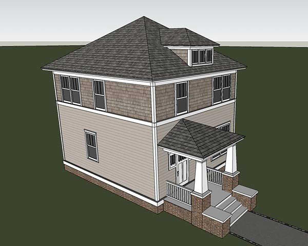 House plan exterior: Two-story home with dormer, shingle siding, and covered porch with brick columns.