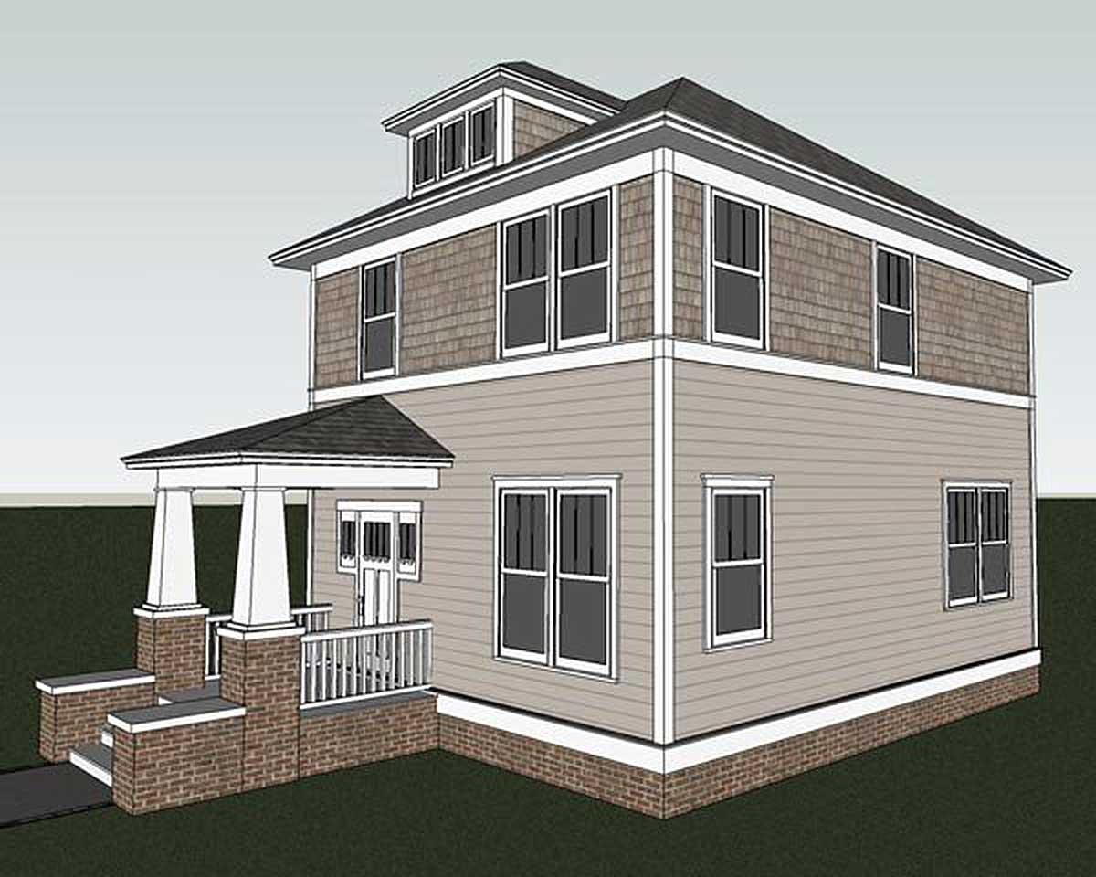 House plan exterior: Two-story house with a front porch supported by square columns and a dormer with three windows on the upper level.