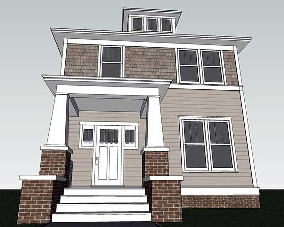 House plan exterior of a two-story home with a covered porch, brick base, and multiple gables.