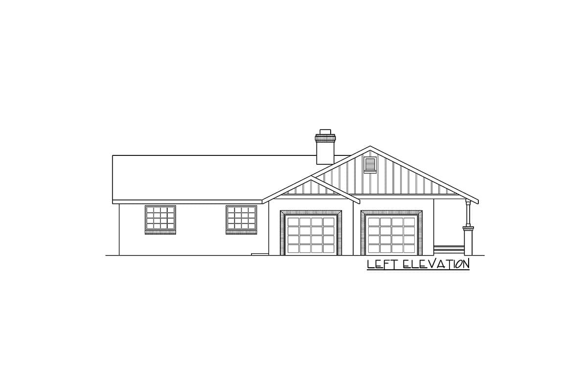 Left elevation floor plan drawing showing a one-story house with a gable, dormer, chimney, and a two-car garage.