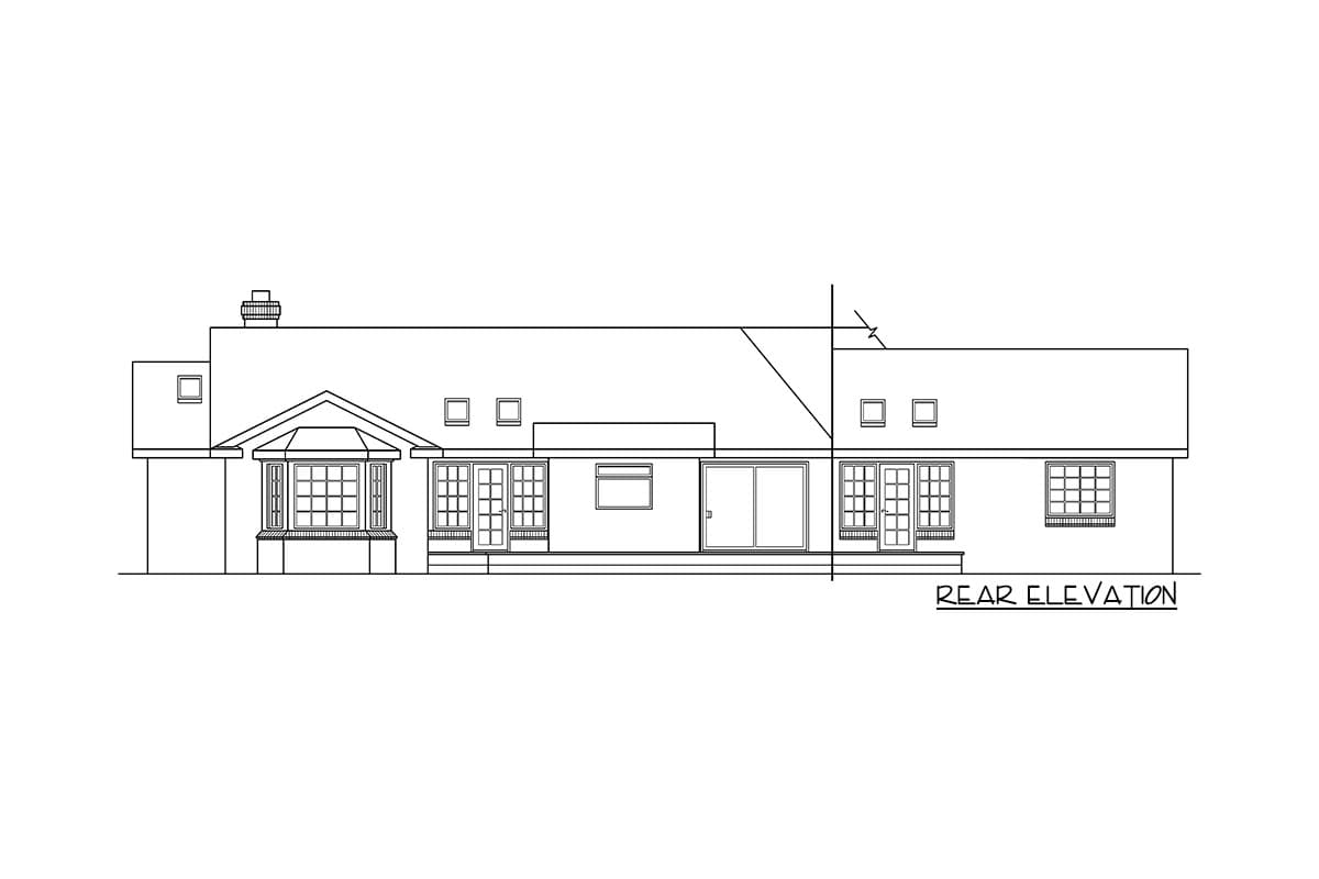 Rear elevation drawing showing a house plan with a prominent bay window, multiple doors, and varied window styles.