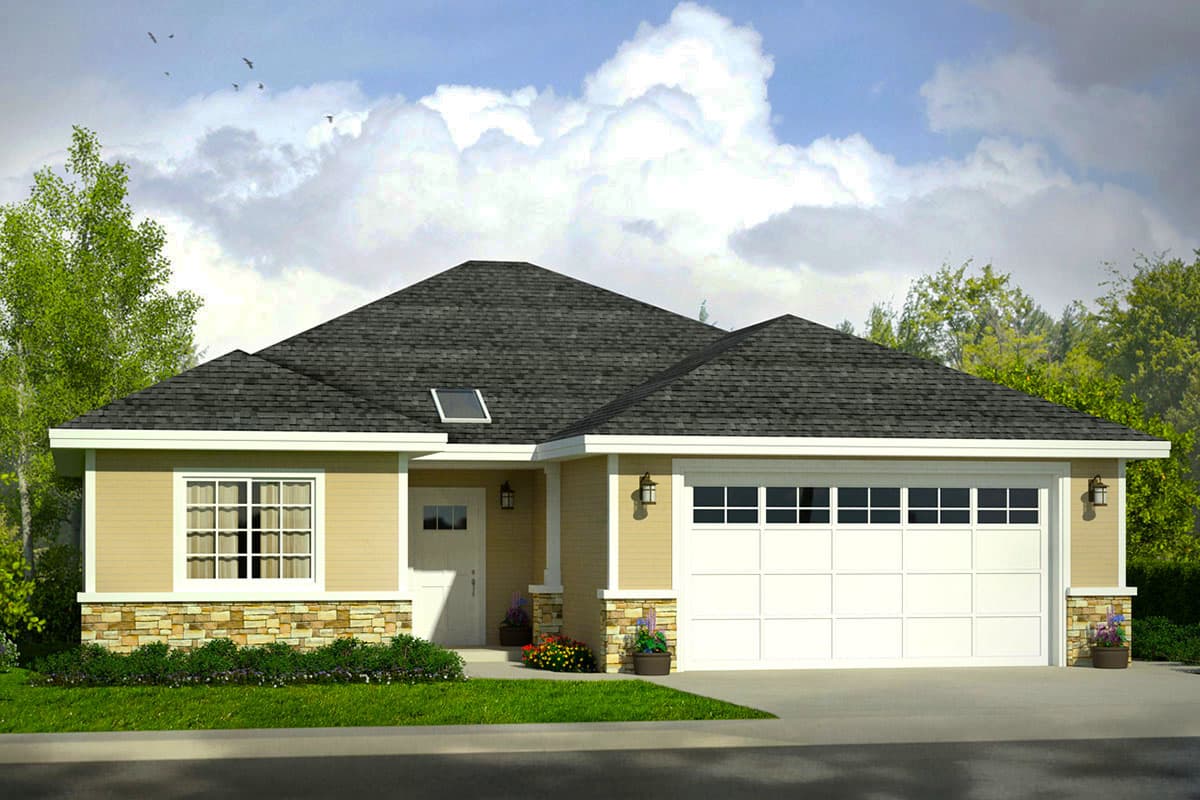 House plan exterior. Ranch style with a low-pitched roof, attached garage, and stone veneer accents. Features a single dormer.