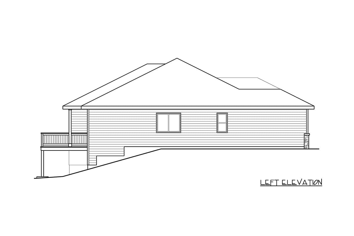 Left elevation of a house plan, showing a side view with a deck, sloped foundation, and lap siding.