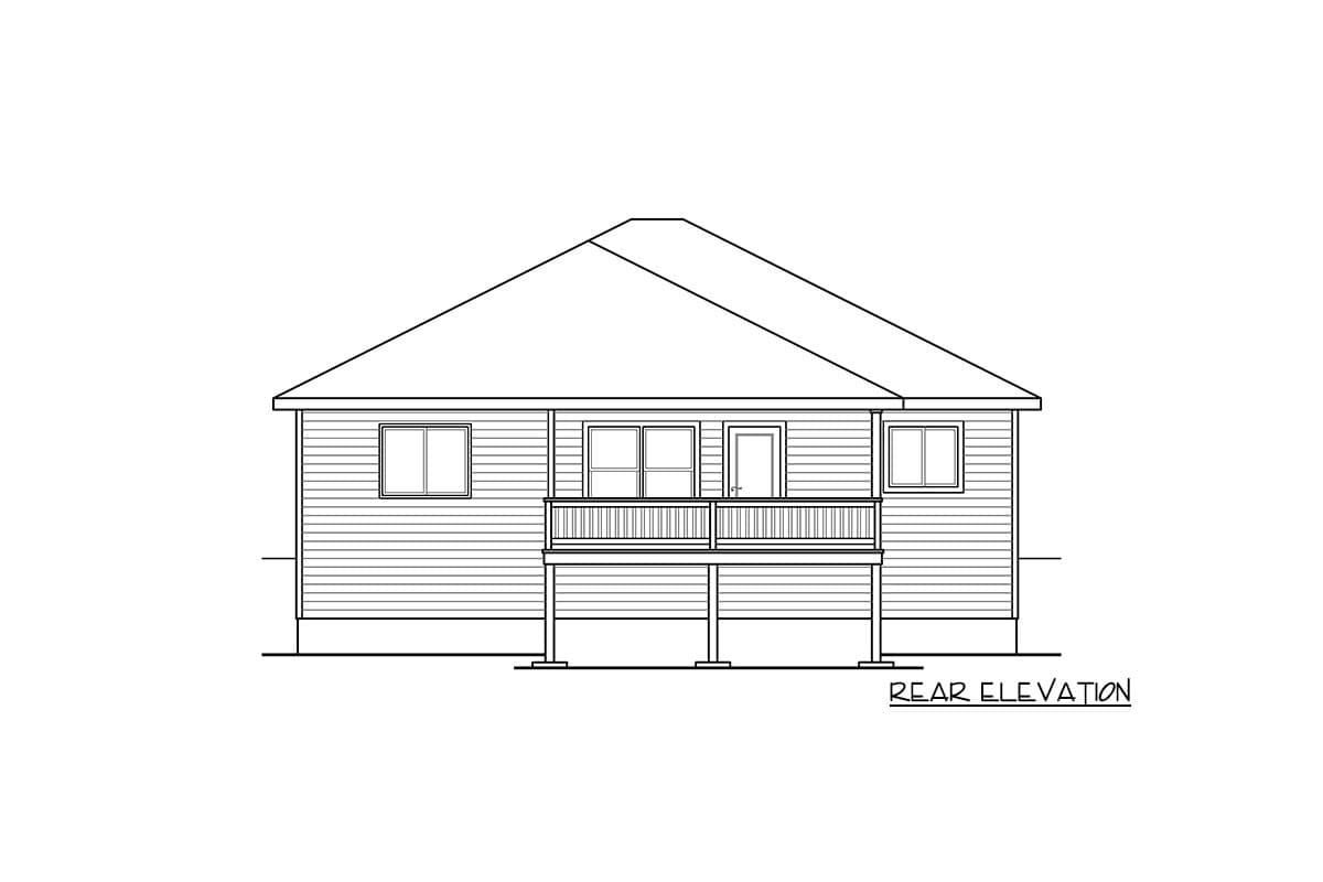 Rear elevation drawing of a one-story house with horizontal siding, a deck, and three windows.