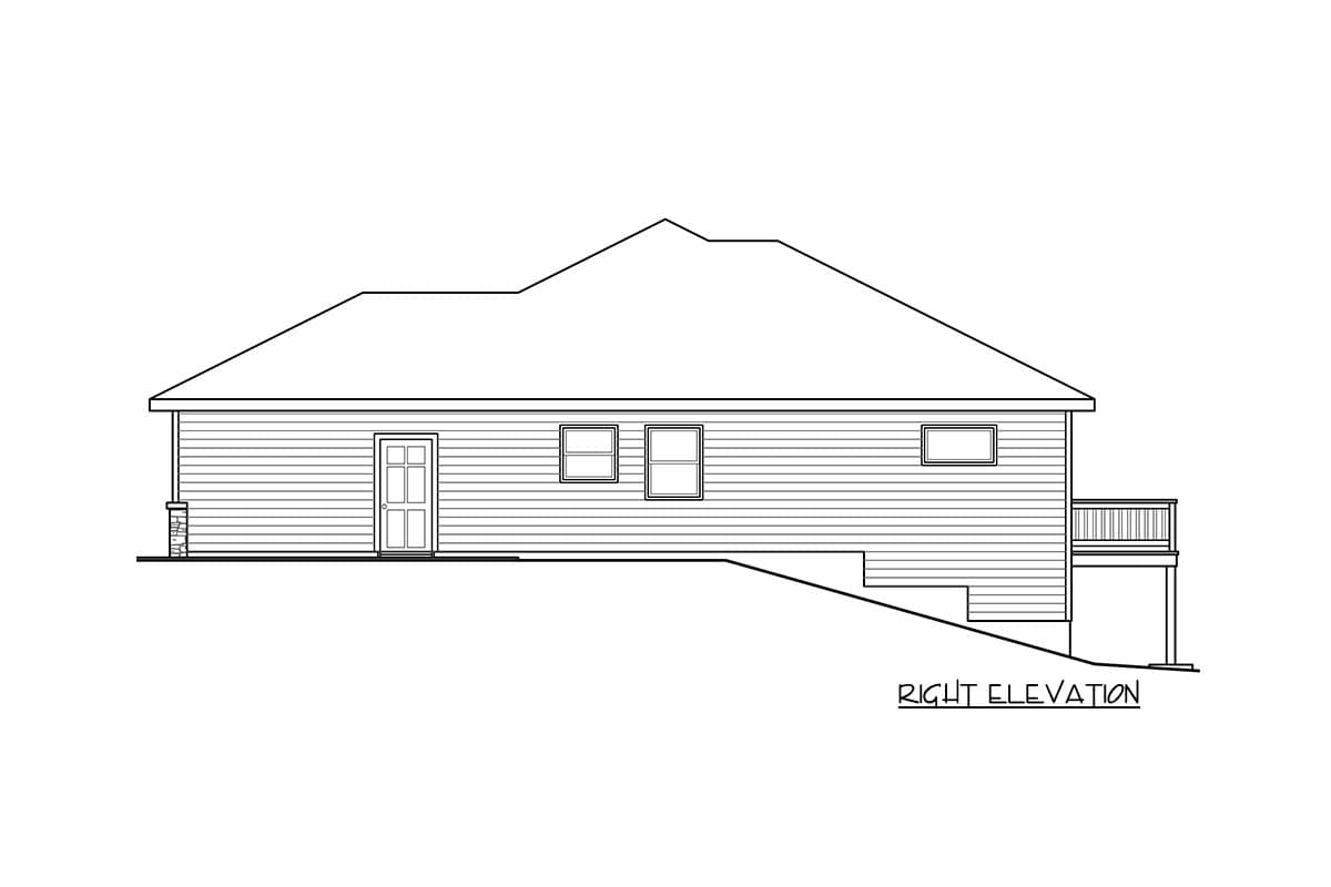 Right elevation house plan drawing shows a single-story home with horizontal siding, a door, three windows, and a deck.