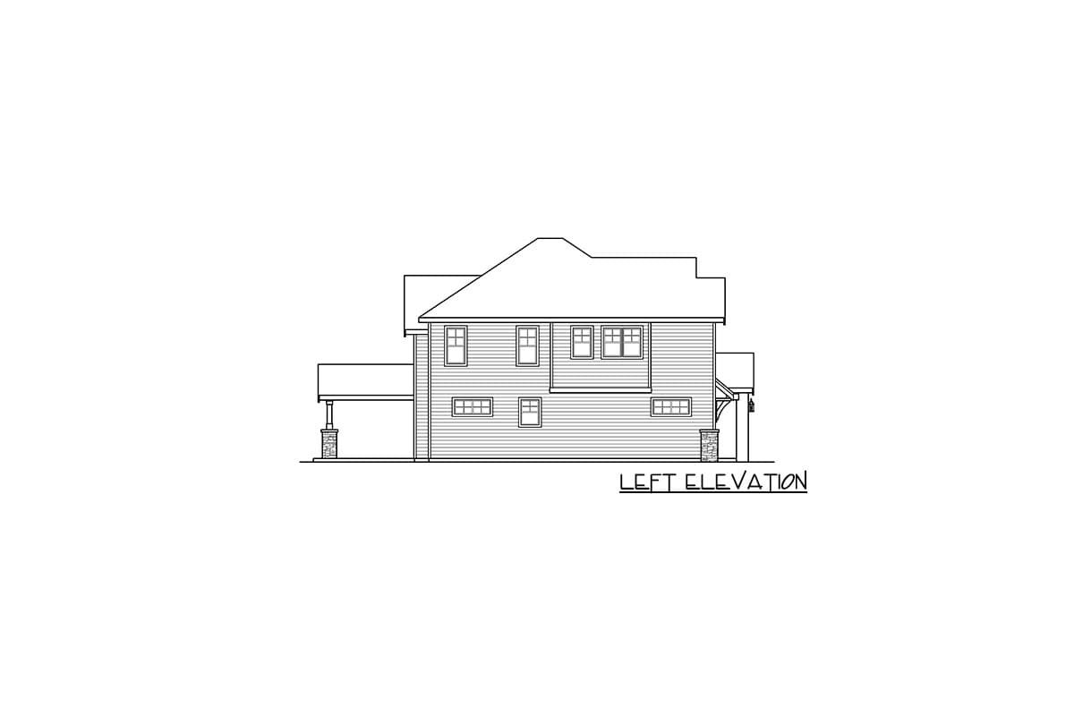 Left elevation house plan showing a two-story structure with a covered porch, multiple gables, and diverse window configurations.