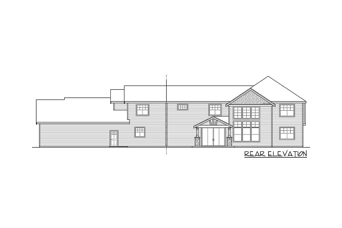 Rear elevation drawing of a multi-story house with a covered entry, gabled dormer, and varied window arrangements.