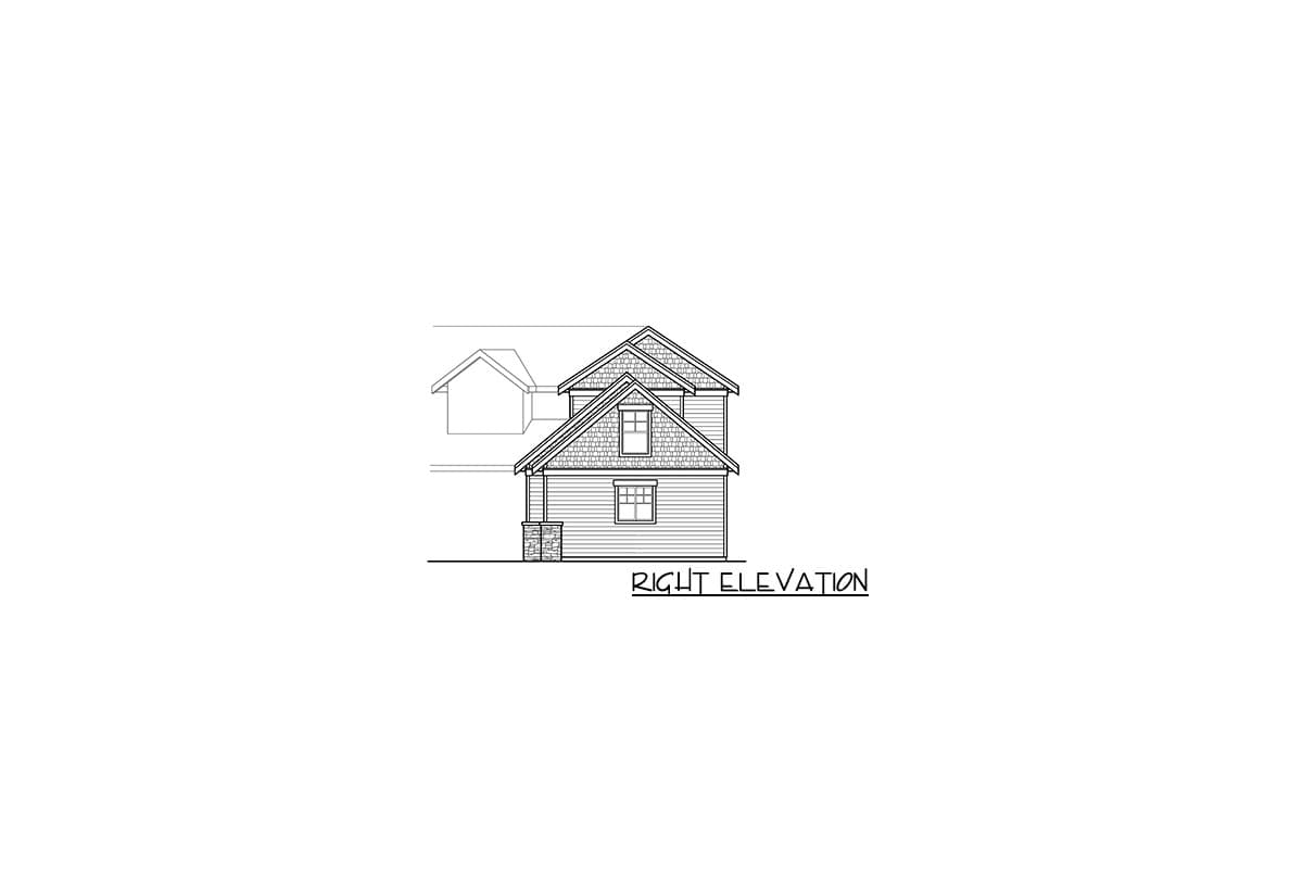 Right elevation drawing of a two-story house plan with gable roof, shingle siding, and stone base.