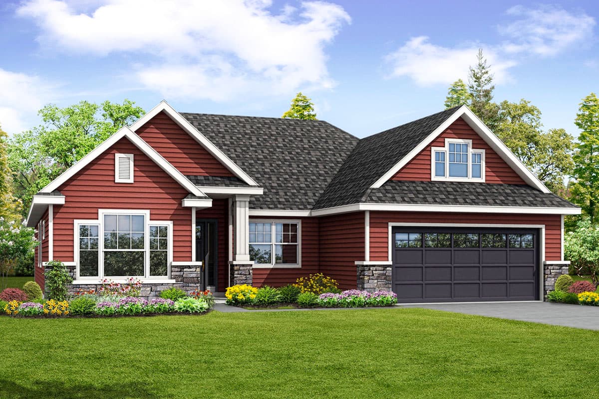 House plan exterior. Craftsman style, single story. Features include a front-facing garage, gabled roof, and decorative stone accents on the facade.
