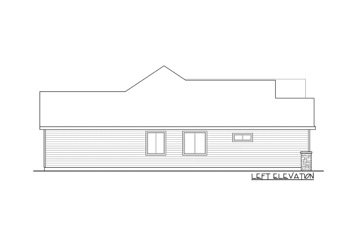 Left elevation drawing of a single-story house plan with horizontal siding, multiple windows, and a peaked roof.