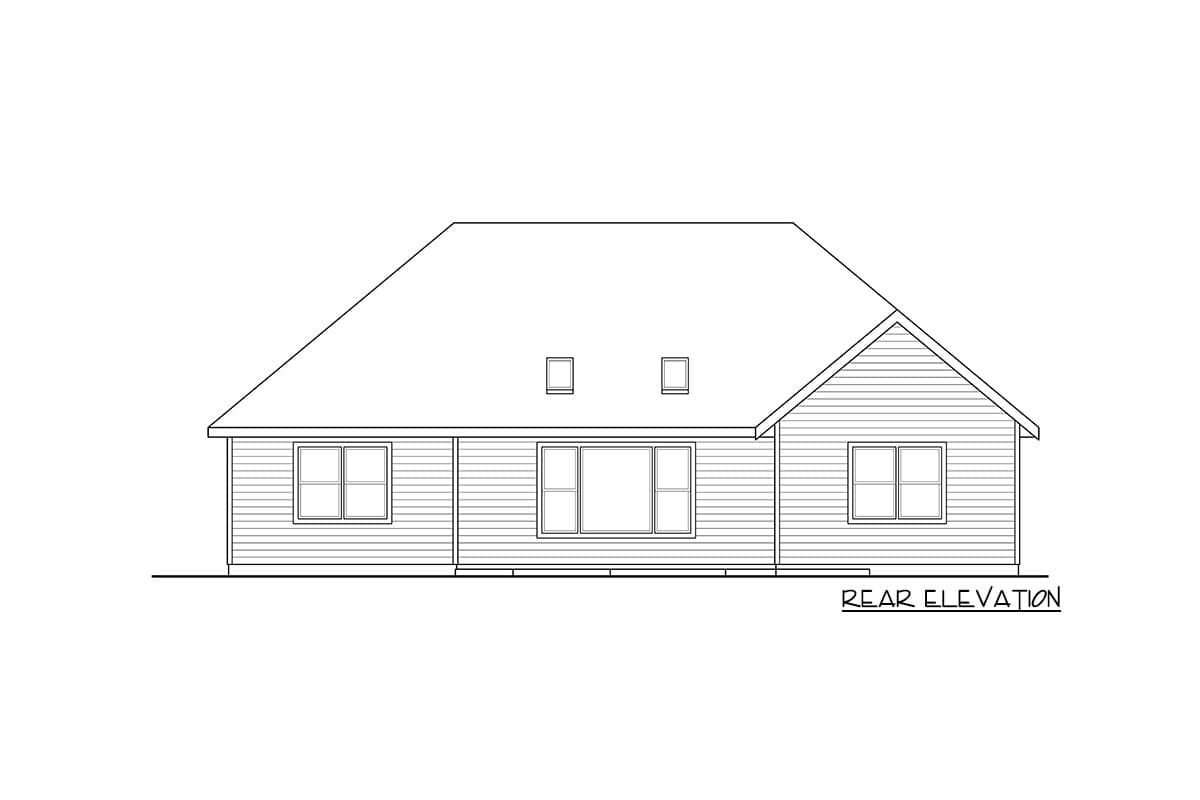 Rear elevation drawing of a house plan showing horizontal siding, a hip roof with two dormers, and multiple windows.