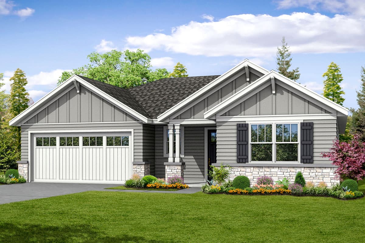 House plan exterior. Ranch style with a gabled roof, horizontal siding, and a garage with paneled door. Features stone accents.