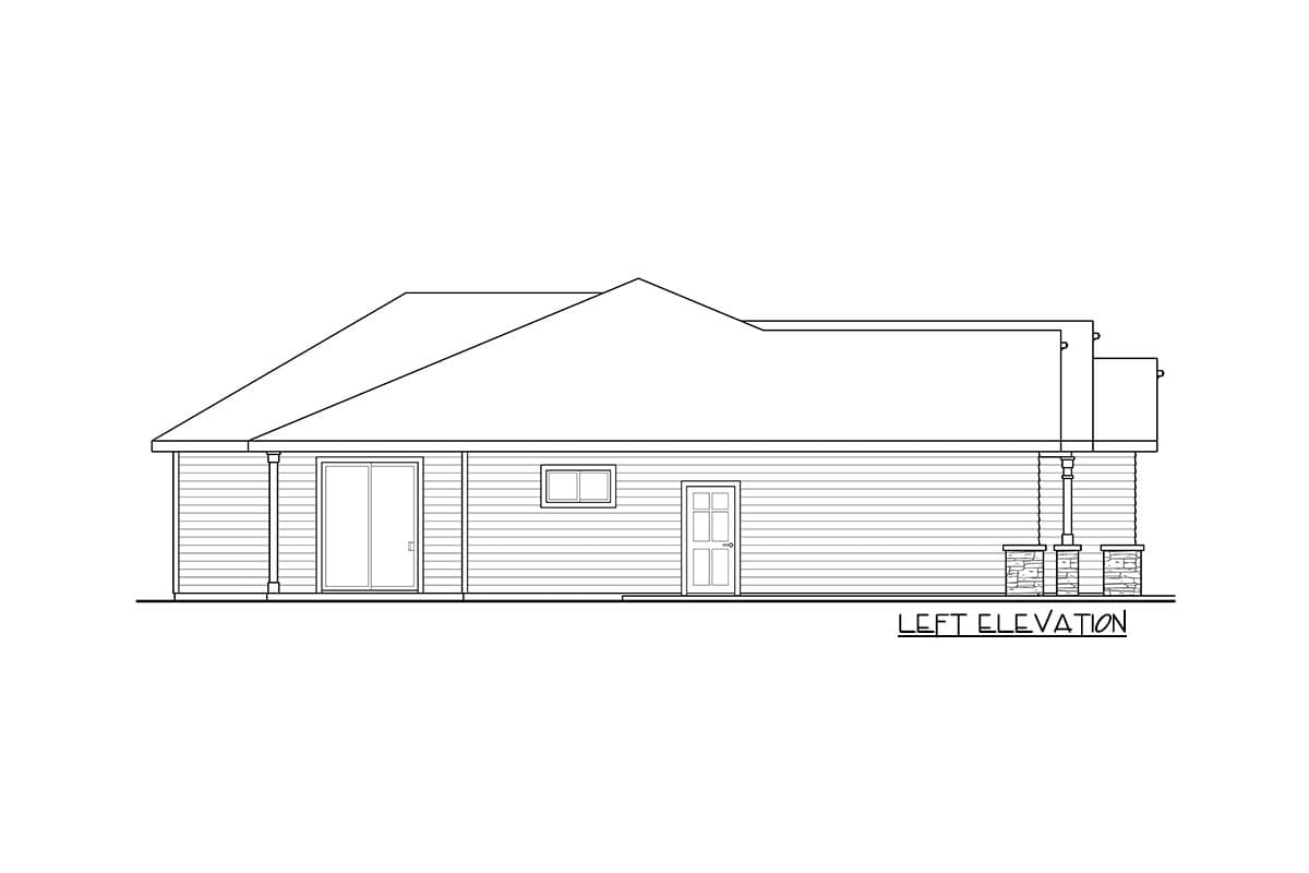 Left elevation drawing of a single-story house with siding, a gabled roof, sliding doors, and a paneled door.