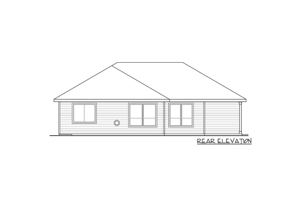 Rear elevation drawing of a single-story house with horizontal siding, multiple windows, and a hip roof.