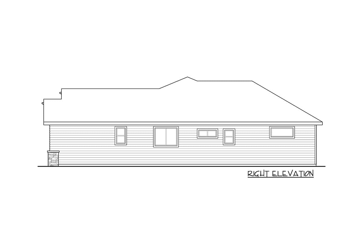 Right elevation drawing of a single-story house with horizontal siding, multiple windows, and a sloped roof.