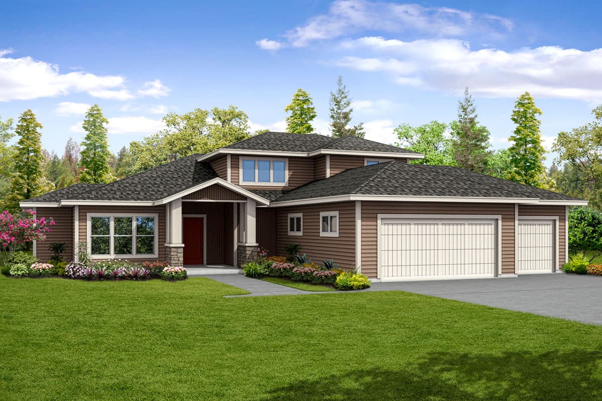House plan exterior. Two-story home with Craftsman style. Features include front porch, dormers, and attached garage with two bays.