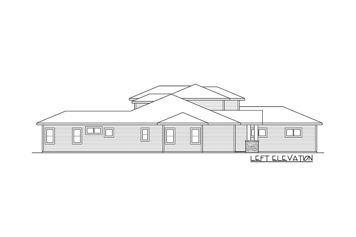 Left elevation drawing of a single-story house with multiple gables and a covered entrance supported by stone pillars.