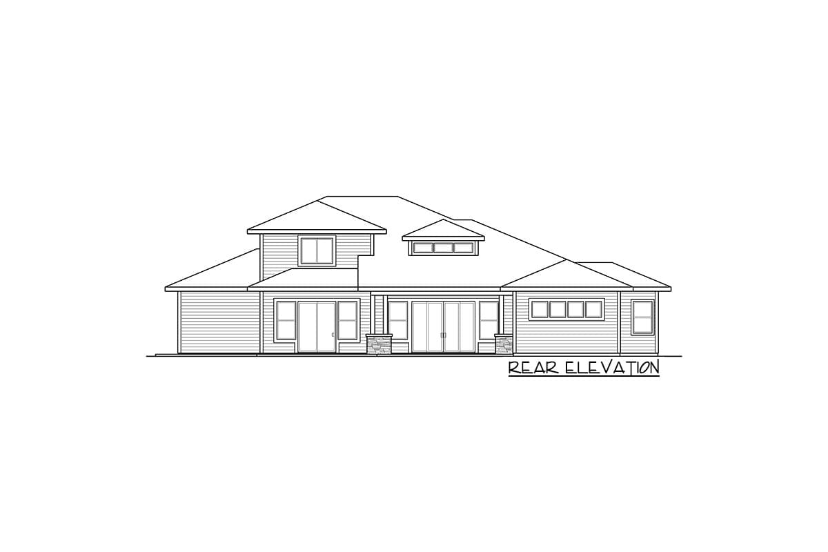 Rear elevation house plan with multiple gables, dormer, double doors, and horizontal siding.