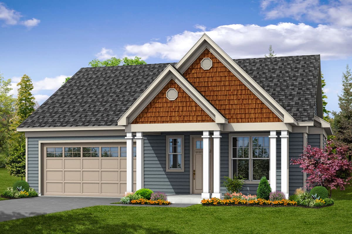 House plan exterior. Craftsman-style, one-story home with a gabled roof, front porch with columns, and attached garage.