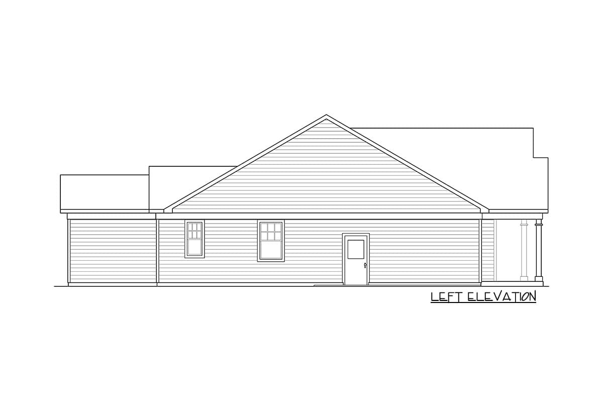 Left elevation of a house plan showing a gable roof, siding, two windows, a door, and a small porch area.