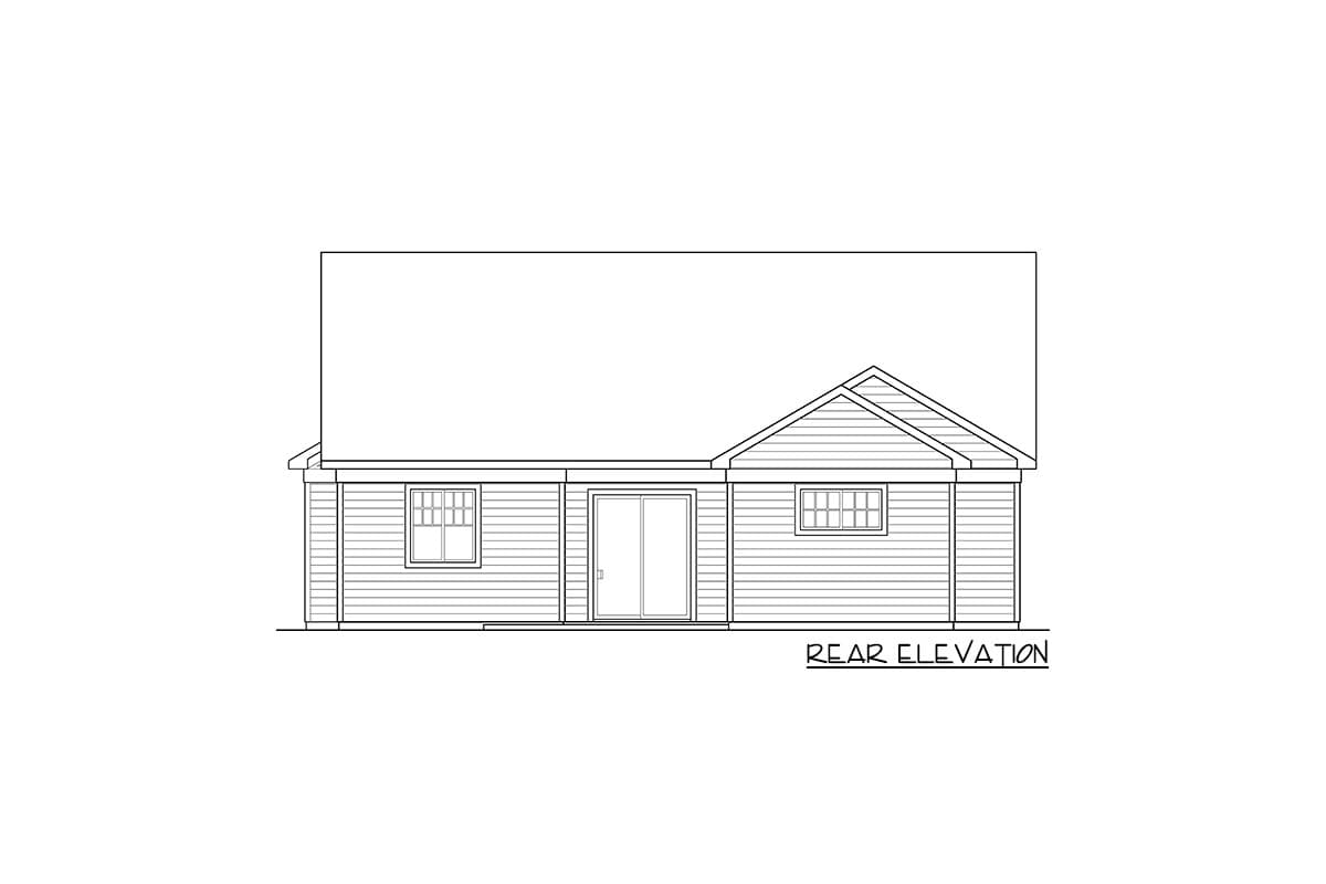Rear elevation drawing of a house plan with siding, double doors, and two windows.