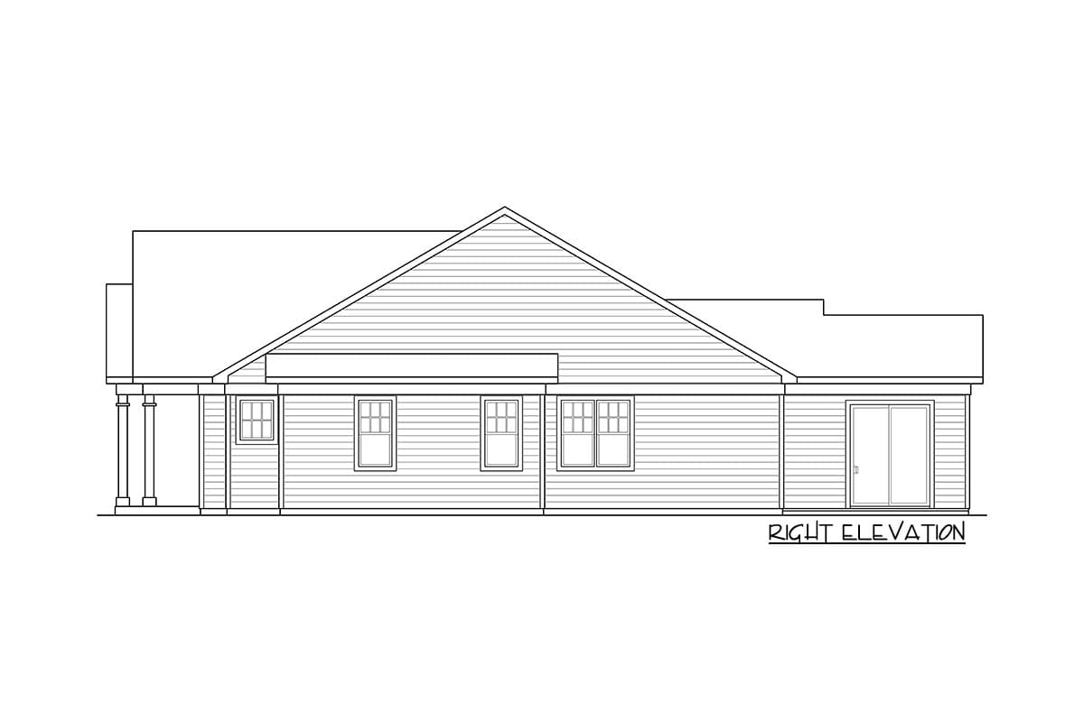Right elevation house plan drawing showing a single-story home with a covered porch, gabled roof, and sliding glass doors.