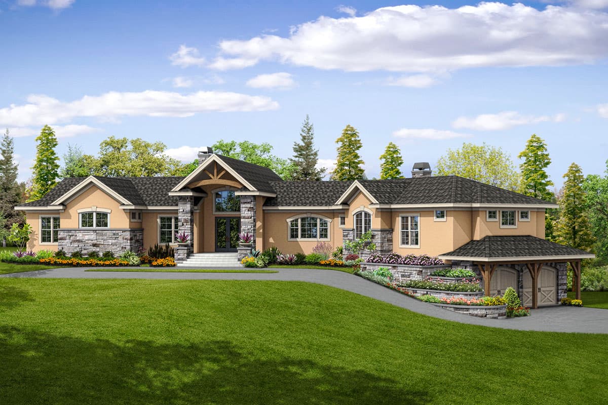 House plan exterior. Two-story home with Craftsman influence. Features include a gabled roof, stone accents, and covered entry. Detached garage.