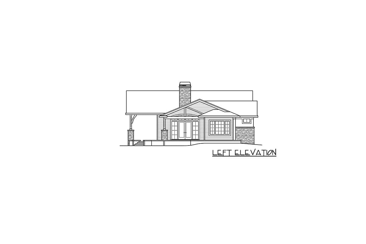 Left elevation drawing of a one-story house with a covered porch, stone chimney, and prominent gables.