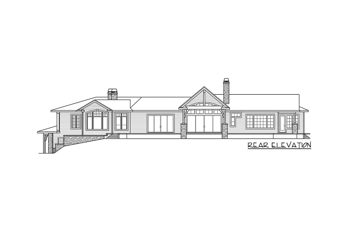 Rear elevation drawing of a single-story house plan with gables, chimneys, stone accents, and large windows.