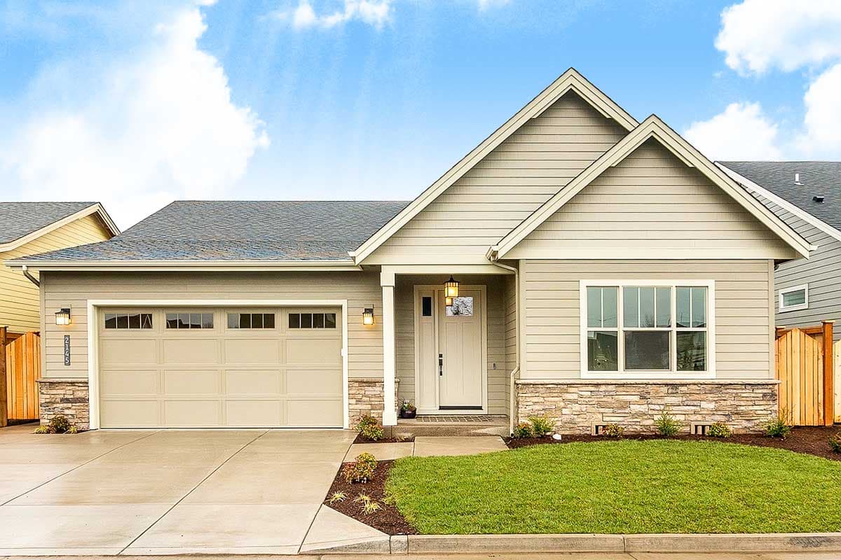 House plan exterior. Ranch style with a gabled roof, stone veneer on the lower portion, and an attached garage with windows.